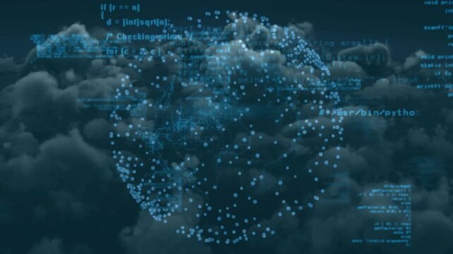 Floating code lines starting globe spinning, nodes pulsing, showing data flow over cloud backdrop