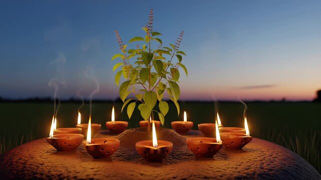 Sacred Plant Basil Surrounded by Lit Diyas at Sunset During Katti Bihu