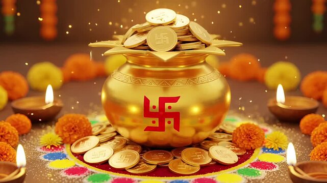 Kalash Decoration with Gold Coins and Marigold Flowers for Diwali Festival