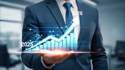 Businessman Analyzing Future Graph Growth for Year 2025 and 2026 - Powered by Adobe