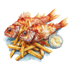 Watercolor vector illustration of Fish And Chips, isolated on white background.