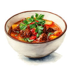 Goulash, watercolor painting, vector illustration, isolated on a white background.