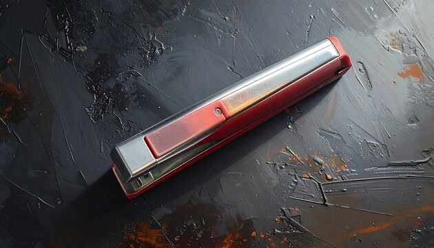 Vintage red and silver stapler on a dark textured surface