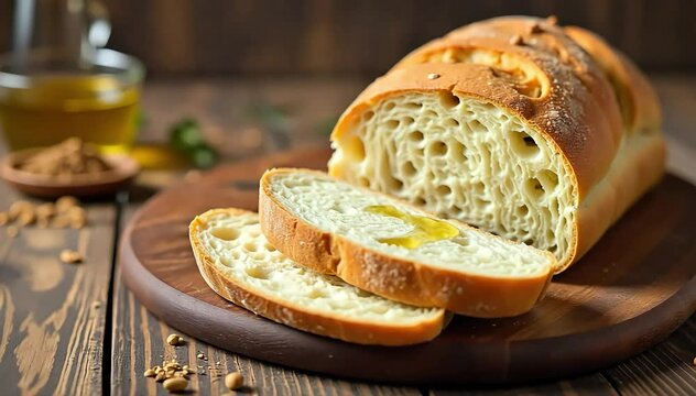 Traditional Barbari bread sliced on rustic table with olive oil and za'atar spice nearby 