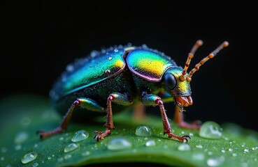 Naklejka premium Vibrant iridescent beetle with metallic green blue yellow colors on shiny shell. Tiny water droplets cover body. Insect stands on fresh green leaf. Macro nature photo highlights amazing bug details