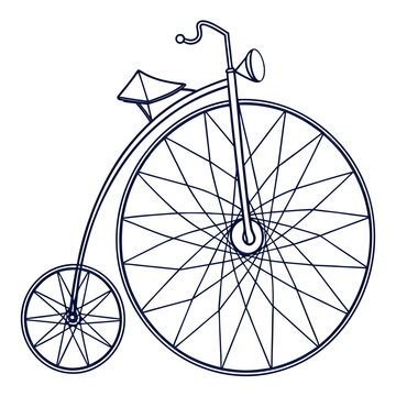 Vintage penny farthing bicycle outline illustration with large front wheel and small rear wheel