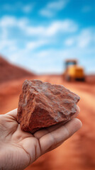 Hand holding a red rock at mining site with blurred excavator in background, symbolizing geology, excavation, industry and raw material extraction in natural environment.
