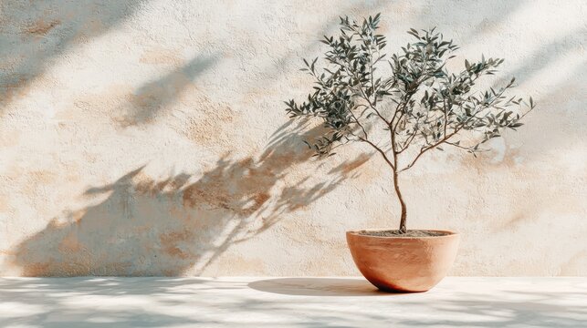 Olive tree in terracotta pot, sunlit wall.