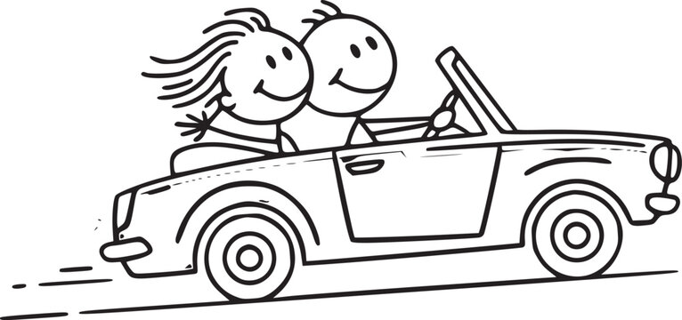 Open Road Adventures: Two stick figure characters in a charming convertible, embarking on a sunny journey, filled with laughter and carefree moments.