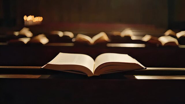 An Open Holy Bible on an Altar with Candles, a Sacred and Peaceful Scene of Worship, Faith, and Religious Devotion