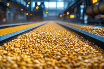 Grains moving on a convey at a grain mill.