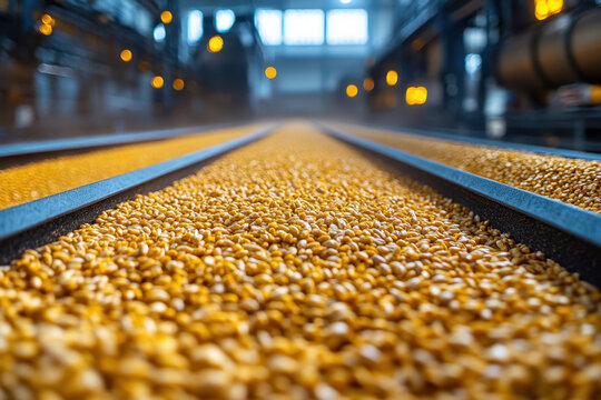 Grains moving on a convey at a grain mill.