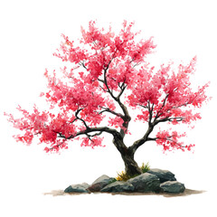 Japanese Cherry Blossom Tree, watercolor painting, vector illustration, isolated on a white background.