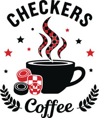 Checkers Coffee – Stylized Logo with Checkerboard Steam, Coffee Cup, Game Pieces, and Laurel Wreath