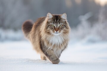 A fluffy gray kitten with beautiful eyes enjoys the winter snow, a cute feline portrait