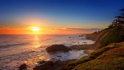 Obraz premium Serene Evening Scene By The Ocean A Coastal Landscape During Sunset Position The Subject On The Left With Ample Copy Space On The Right Under Bright Dawn