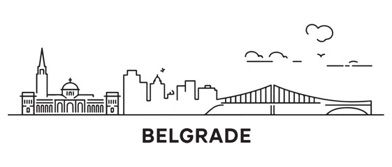 Obraz premium Belgrade Line Art skyline horizontal banner. Belgrade, Serbia. Vector template for your design. with white background
