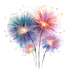 Fireworks in watercolor style, vector illustration, isolated on white background.