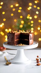 A decadent chocolate cake with nuts, presented on a white cake stand, is beautifully displayed against a backdrop of warm, golden lights.