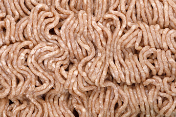 Close-up of raw, unappetizing-looking minced meat from a discount store, industrially produced cheap meat of inferior quality often loses a lot of water and discolors quickly