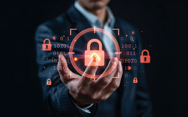 Hand Holding Secure Digital Lock Symbol, cybersecurity secure digital lock.