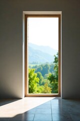Obraz premium Serene Minimalist Window Frame Tranquil Blurred Landscape View, Emphasizing Clean Lines and Natural Light, Perfect for Home Decor and Peaceful Atmosphere Designs.