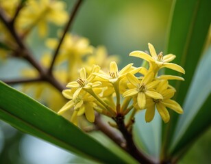 Fototapeta premium Delicate yellow star-shaped flowers bloom on branch, with green leaves unfurling. Soft light filters through, creating serene natural scene. Plant exhibits intricate petal details, natural symmetry.