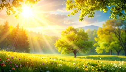 A vibrant, sunlit meadow bathed in warm light, showcasing lush greenery and wildflowers under a tranquil sky.