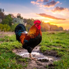 Rooster in a field at sunrise