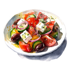 Greek Salad in watercolor style, vector illustration, isolated on white background.