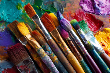Fototapeta premium A collection of various paintbrushes dipped in vivid acrylic colors on an artist's messy palette, ready for creation.