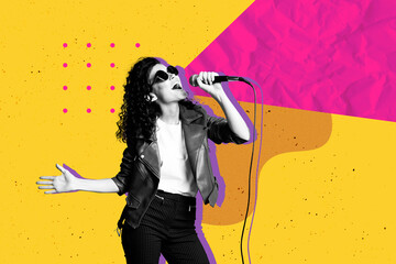 3D photo collage template trend artwork composite of night occasion party carefree weekend young lady author song sing karaoke concert