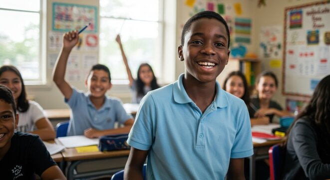 Diverse Elementary School Classroom Cheerful kids, children, and youth as students learning and studying an academic lesson together. - Powered by Adobe