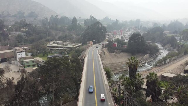 Aerial view of traffic on a bridge in chosica peru