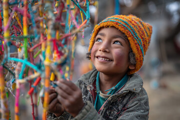 A child's joyful face looking up at a colorful mobile they just created from recycled materials, conveying pride in their craft.
