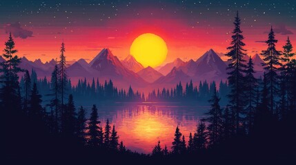 Colorful pixelated sunset over mountain lake, forest background, serene scene.  Possible use Desktop wallpaper, social media graphic
