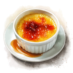 Creme Brulee in watercolor style, vector illustration, isolated on white background.