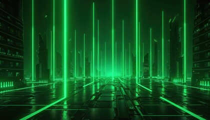 Futuristic city skyline with neon green laser lights creating a pathway. Tall skyscrapers with glowing windows dominate the dark urban landscape. Technology, digital world, abstract concept.