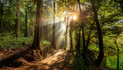 Sunlight Streams Through A Forest Path Illuminating Trees And Creating A Serene Atmosphere