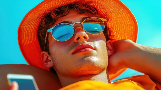 Social media multiracial man influencer promoting unprotected tanning sessions during peak UV hours as glamorous lifestyle inspiration