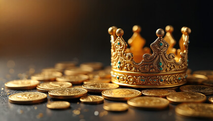 Golden crown with coins. Royal wealth finance concept. Jewelry for king or queen. Luxury business success. Prosperity and richness with coins on surface. Symbol of investment and achievement.