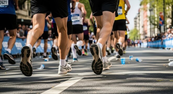 Group of runners competing in urban marathon on a sunny day