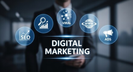 Digital marketing professional interacting with futuristic interface showcasing seo analytics web traffic and promotion icons