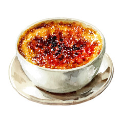 Creme Brulee, watercolor painting, vector illustration, isolated on a white background.