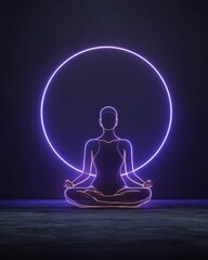 Neon line art yoga pose with glowing halo for mindfulness and wellness