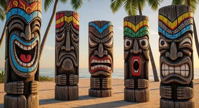 Vibrant tiki totem poles on tropical beach during sunset