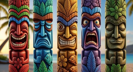 Obraz premium Colorful tiki totem poles on tropical beach with expressive faces and vibrant patterns