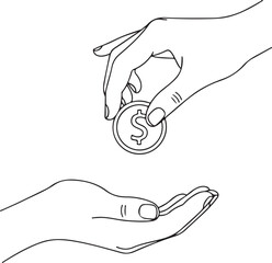 Hand giving coin to another hand Keywords: hand, giving, receiving, coin, dollar, money