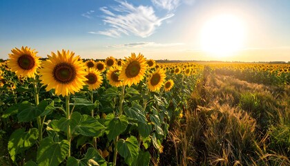 A vibrant field of sunflowers basking in golden sunlight, a serene countryside landscape with blue sky and clouds