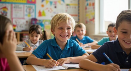 Diverse Elementary School Classroom Cheerful kids, children, and youth as students learning and studying an academic lesson together.